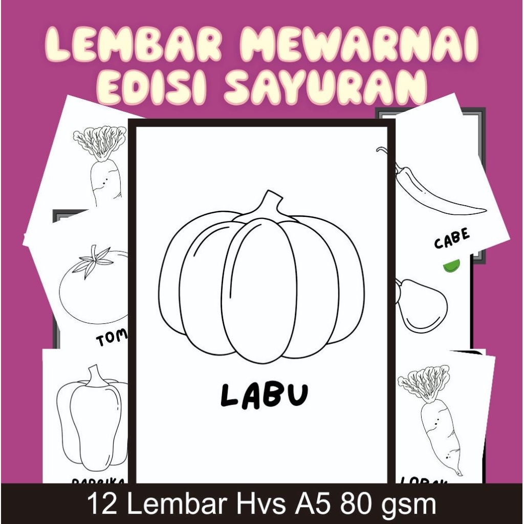 

12 Lembar mewarnai edisi sayuran kertas hvs uk A5 80 gsm