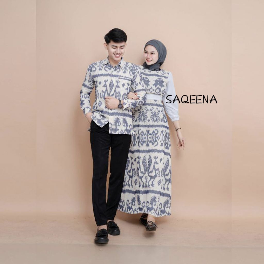 BAJU COUPLE TENUN BELVIA SUMBA WHITE GREY NTT DRESS WANITA MUSLIM KEMEJA PANJANG PRIA PASANGAN KELUA