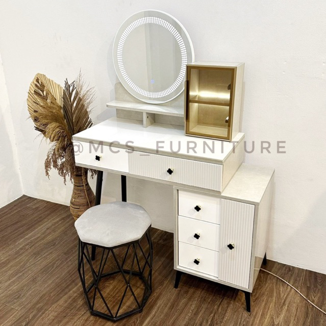 Meja Rias Premium LED Granit Marmer Free Puff Mebel Furniture MCS Semarang Import