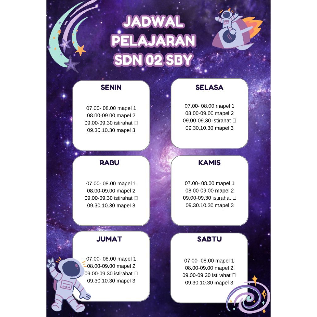 

Costum Jadwal Pelajaran SD SMP SMA Laminating costum boleh cantumkan nama anak + nama sekolah