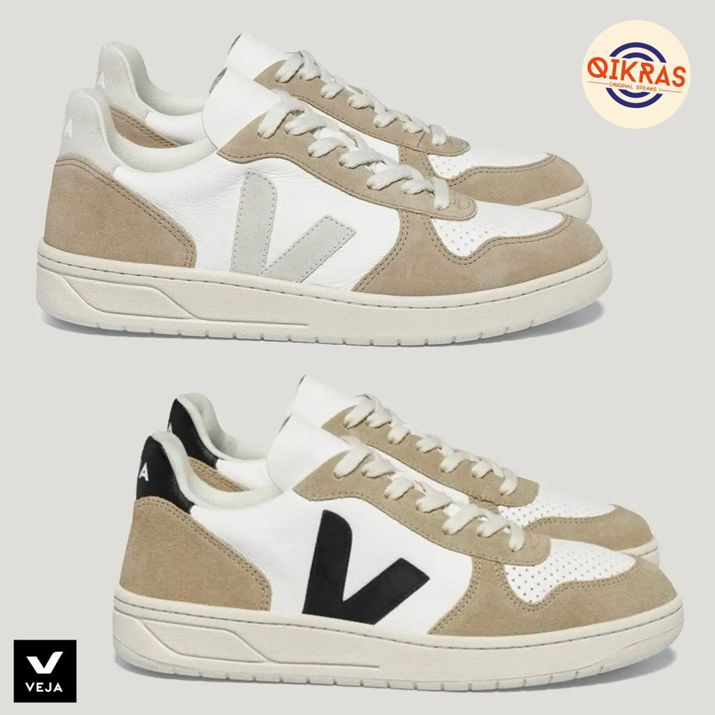 Veja V-10 Chromefree Leather - White Black | Natural Sahara