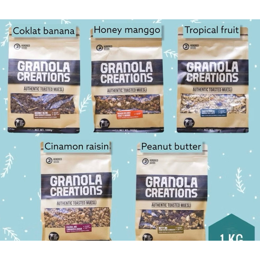 

Hundred Seeds Granola creations 1 kg coklat Chocolate banana cinammon raisin tropical fruit peanut butter honey manggo