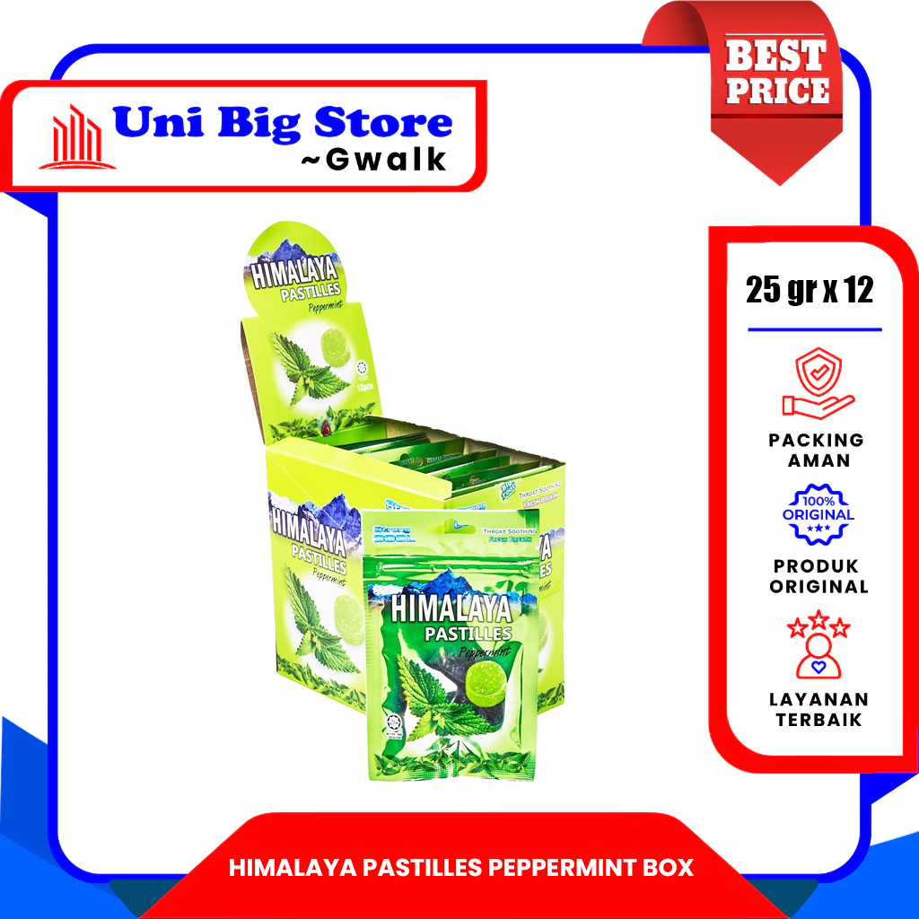 

PERMEN BIG FOOT HIMALAYA PASTILLES PEPPERMINT SACHET BOX - (25 gr x 12 pcs)