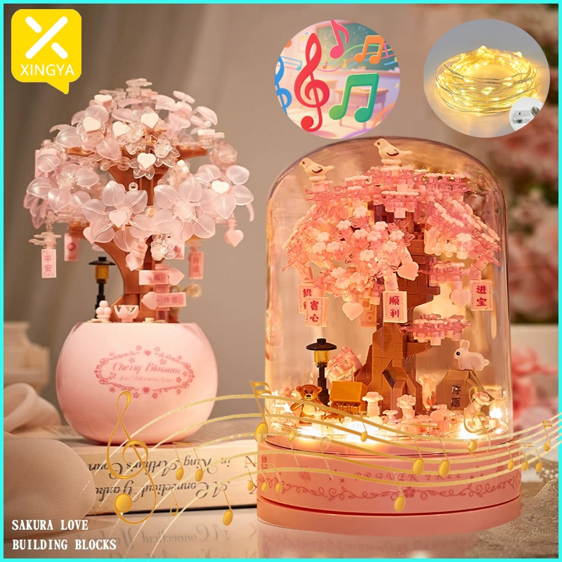 XINGYA (Lampu+Musik Box)Mainan Balok Bunga Sakura Set Seri Hadiah untuk anak perempuan