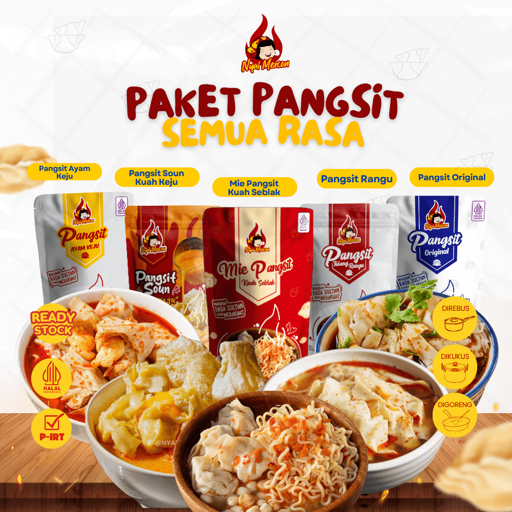 

Nyai Mercon - Paket semua rasa pangsit [Pangsit Rangu, Pangsit Keju, Pangsit Ori, Pangsit Soun Keju, dan Mie Pangsit Kuah Seblak]- Makanan Instan