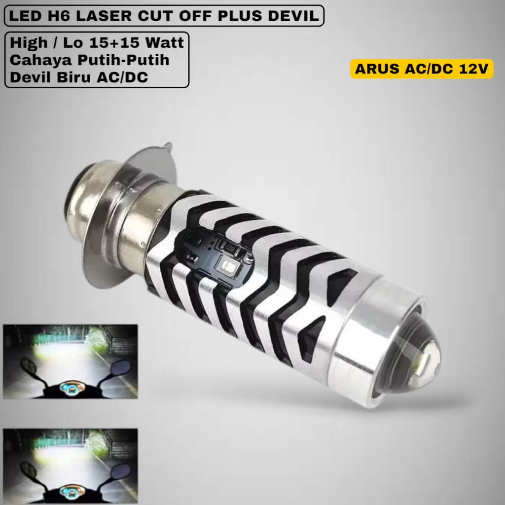 LAMPU UTAMA LED H6 LASER CUT OFF JAUH DEKAT PUTIH PUTIH PLUS SENJA BIRU ISI 2 PCS UNIVERSAL PNP VARI