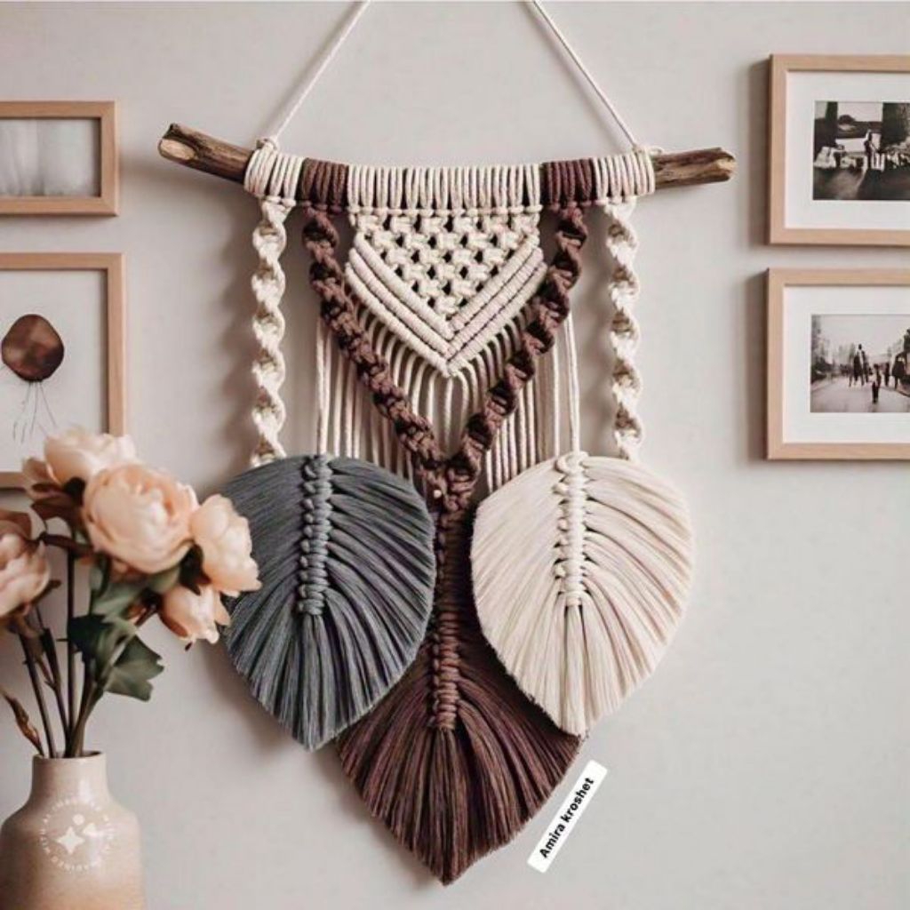macrame daun kepang tiga warna/macrame wall hanging