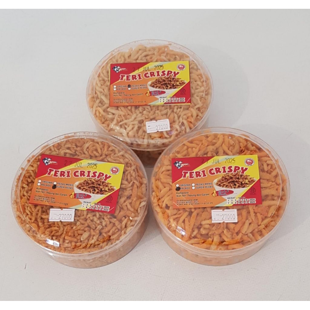 

Teri Crispy 150 gr. Ada 3 pilihan variasi rasa : balado, pedas manis dan super pedas.