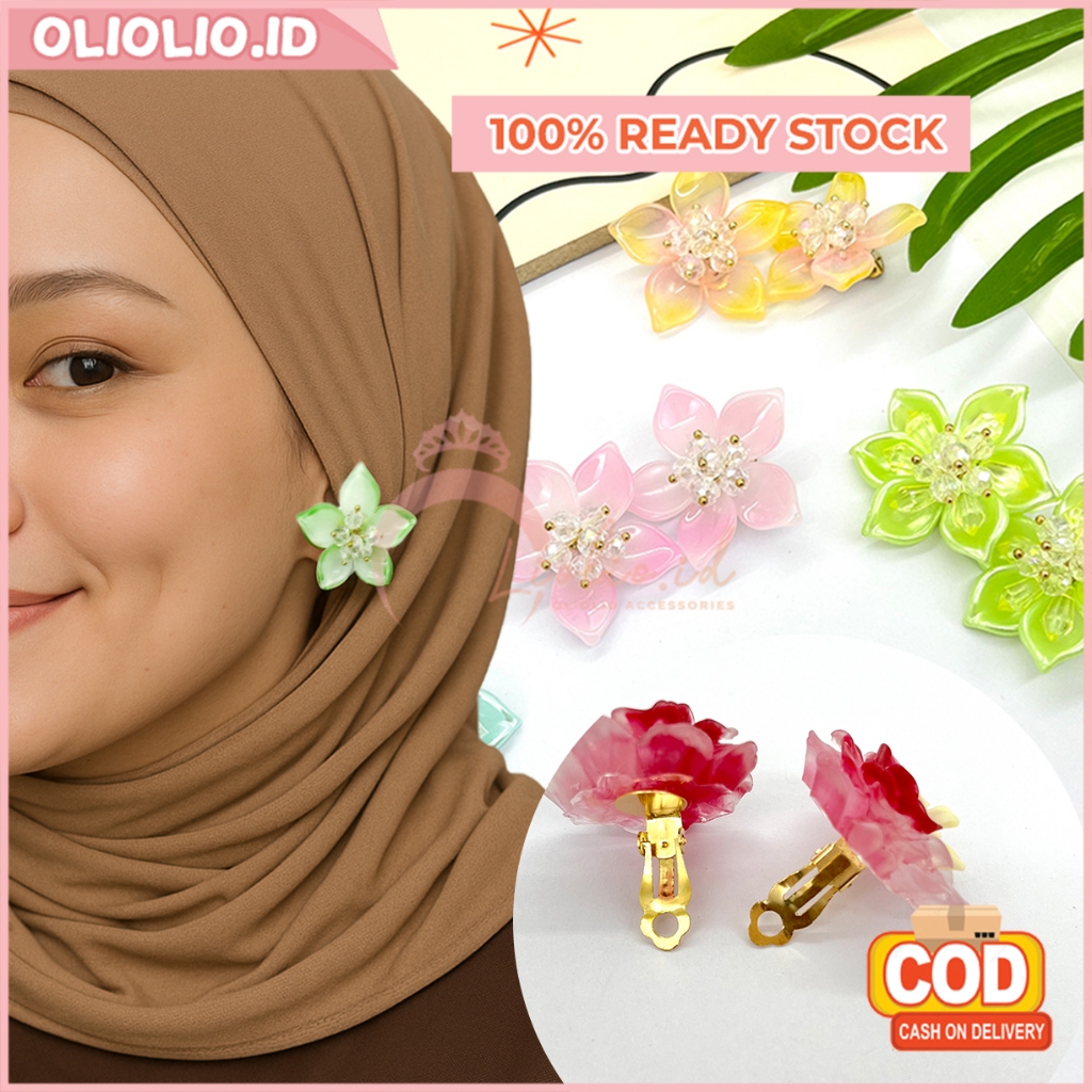 Anting Hijab Jepit Klip Wanita Bunga Mawar Warna Lucu Aksesoris Hiasan Kerudung Gaya Kekinian