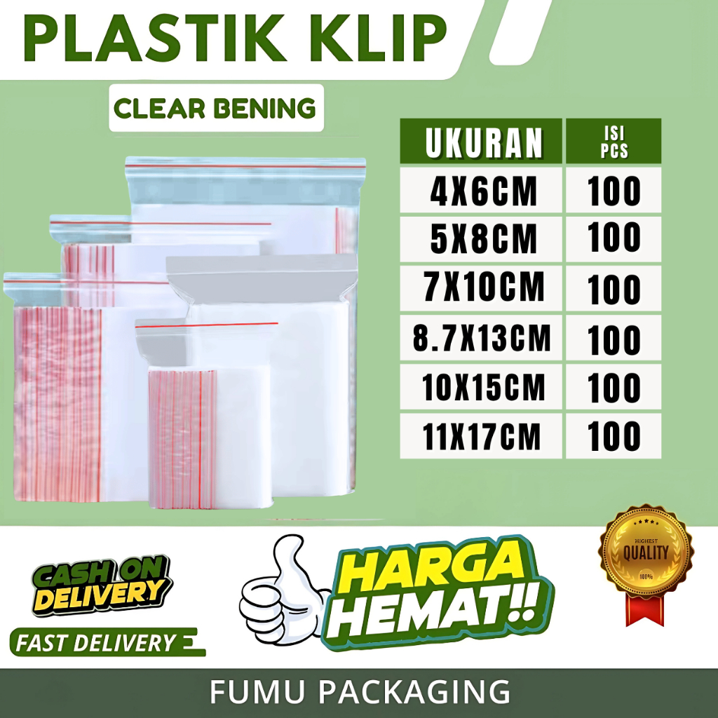 Plastik Klip ZipLock Isi 100pcs / Plastik Klip Bening/ Plastik Packing Makanan Ukuran
