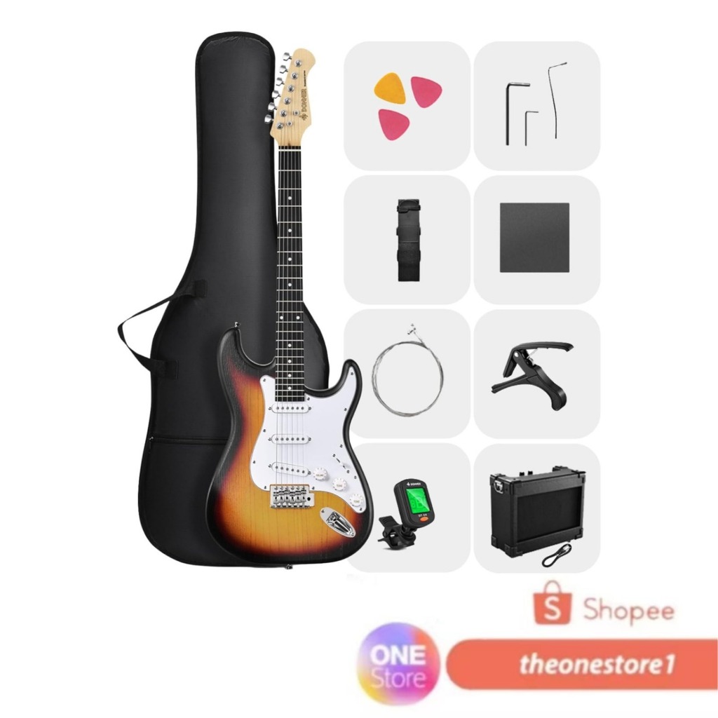 Donner DST-80 Sunburst Guitar Elektric with Amplifier, Strap, String, Tuner, Cable, Capo, and Pick /