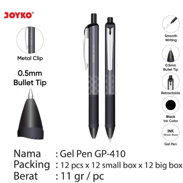 

( 1 pcs ) GP410 Pulpen Joyko Gel Metal Clip Tinta Hitam / Black Gel Pen Cetrek / Retractable pen GP-410 0.5mm ( tersedia harga lusin )