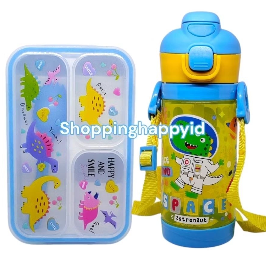shoppinghappyid Set Kotak Makan Lunch Box Botol Air Minum Dinosaurus Dino Anak Laki laki Sekolah Pau