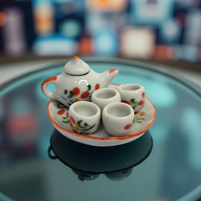 Teko Keramik set Bunga Merah Pajangan Meja Handmade Unik Mini Koleksi Diorama Detail