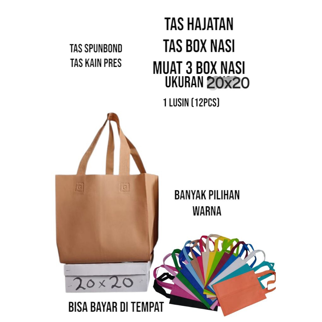 

isi 12 tas.tas bok dus pres. uk 20x20 . muat 3 bok dus nasi Gramsih 65 gsm tebal bisa cod bayar di tempat. kemasan sudah anti air