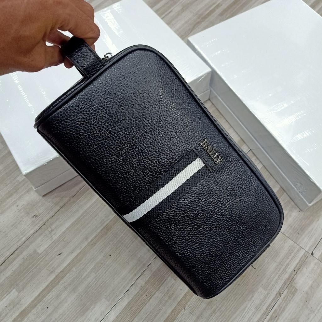 Pouch bag kulit Bally list hitam putih handbag tas tangan kulit unisex