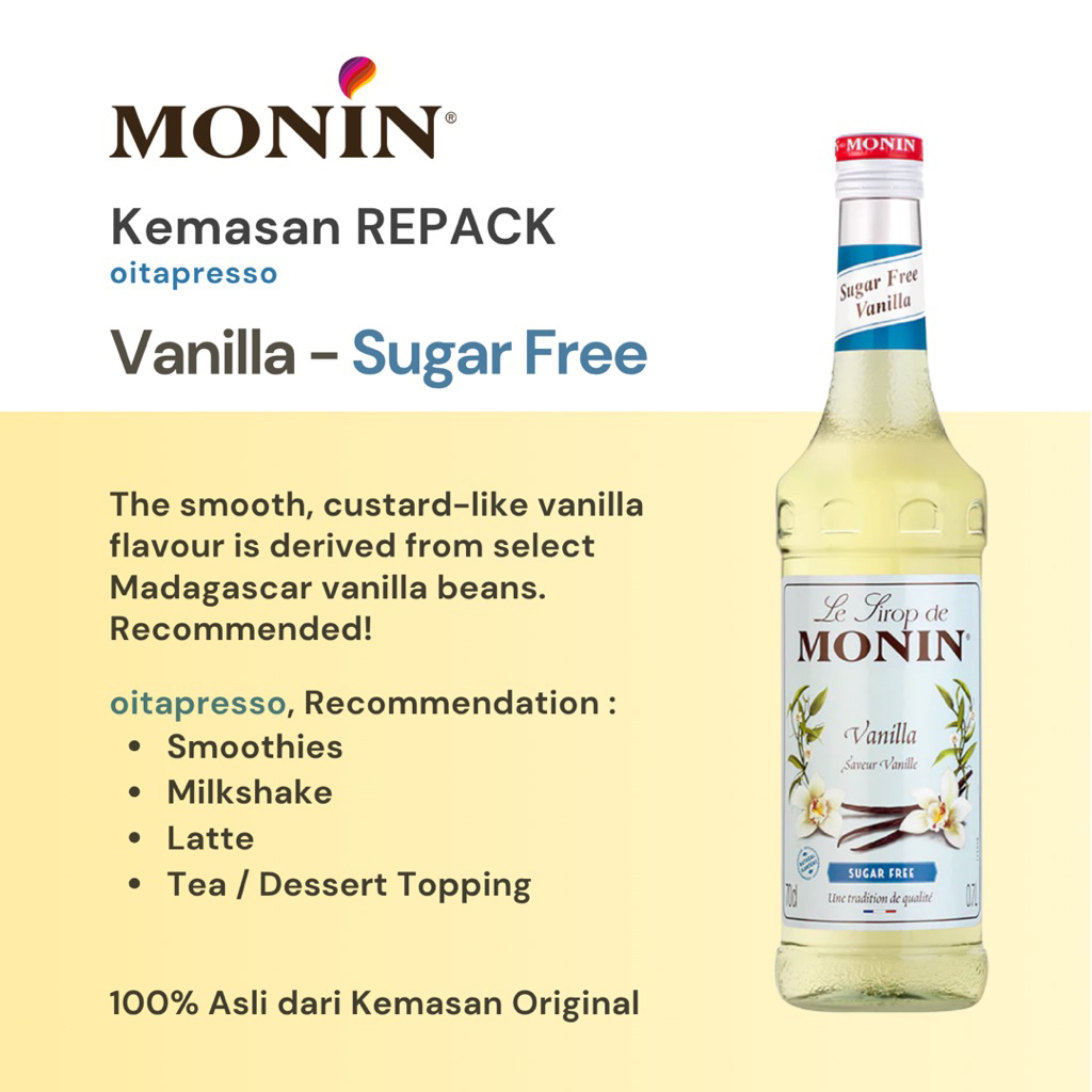 

REPACK - Monin Vanilla Syrup - Sugar Free [30, 50, 100] g