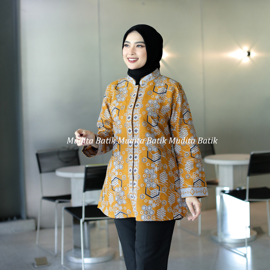 Batik Mudita Motif Hanin Batik Kantor Wanita Lengan Panjang Lapis Furing Trikot Warna Kuning Kunyit 