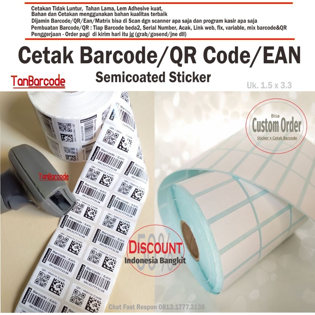 

Cetak sticker Barcode/EAN/QR/MATRIX 1.5x3.3 cm semicoated