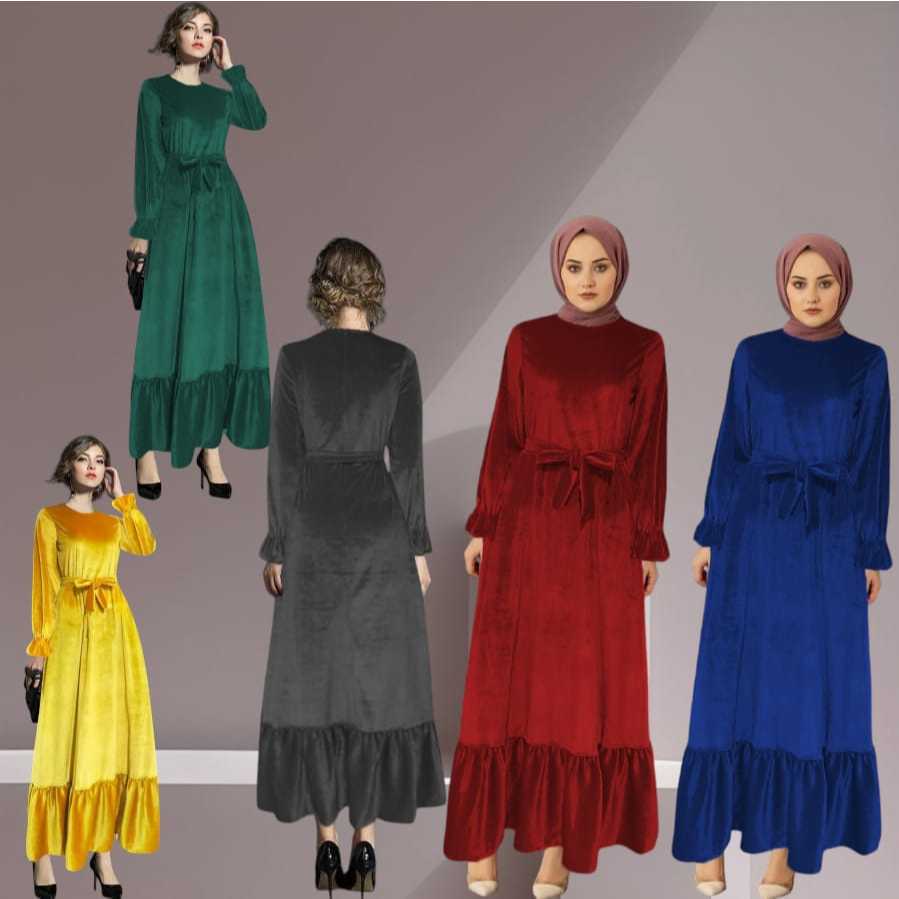 HappyRabbit  HR0031 Fashion muslim  terbaru Maxi Dress Bludru Stretch + Tali Pinggang