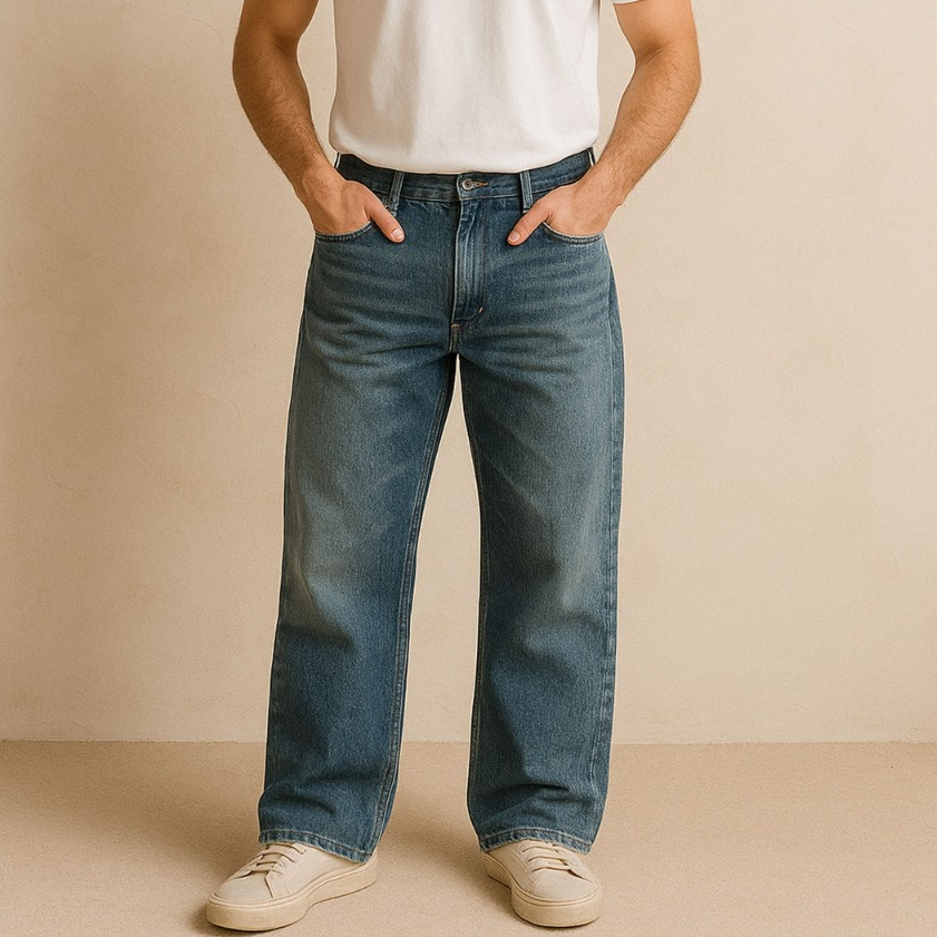 Celana Raw Jeans Reguler Baggy Pants Selvedge Stitch Blue Washing