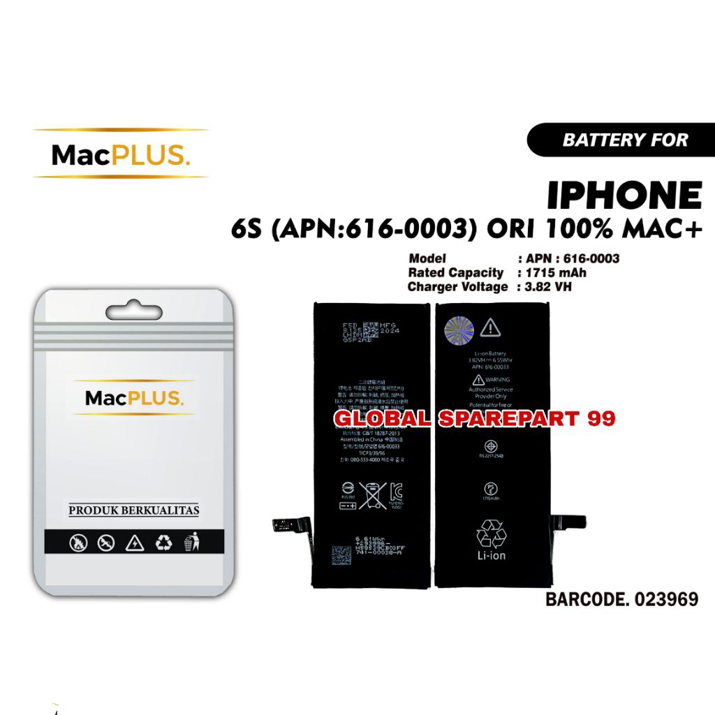 BATERAI (APN:616-0003) IPHONE 6S / IP 6S ORI 100% MAC+ BATERAI BATTERY BATRE