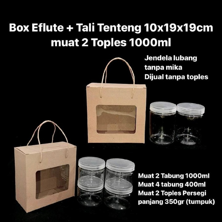 

Box Eflute plus Tali Tenteng Ukuran 10x19x19cm Muat 2 Toples Tabung 1000ml 4 Toples Isi 10pcs