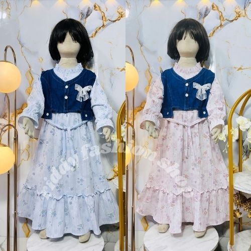 Gamis vania rompi jeans anak perempuan usia 3 - 10 tahun / dress rompi jeans tali pinggang anak terb