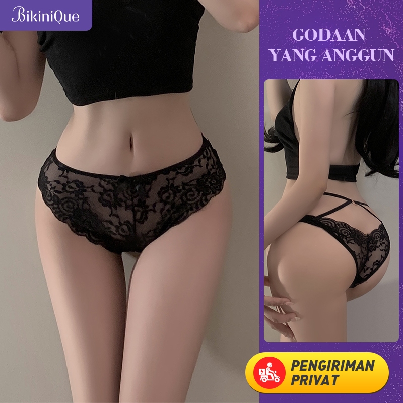 BikiniQue Celana Dalam Seksi Wanita Tali Silang Renda Transparan Gaya T-back