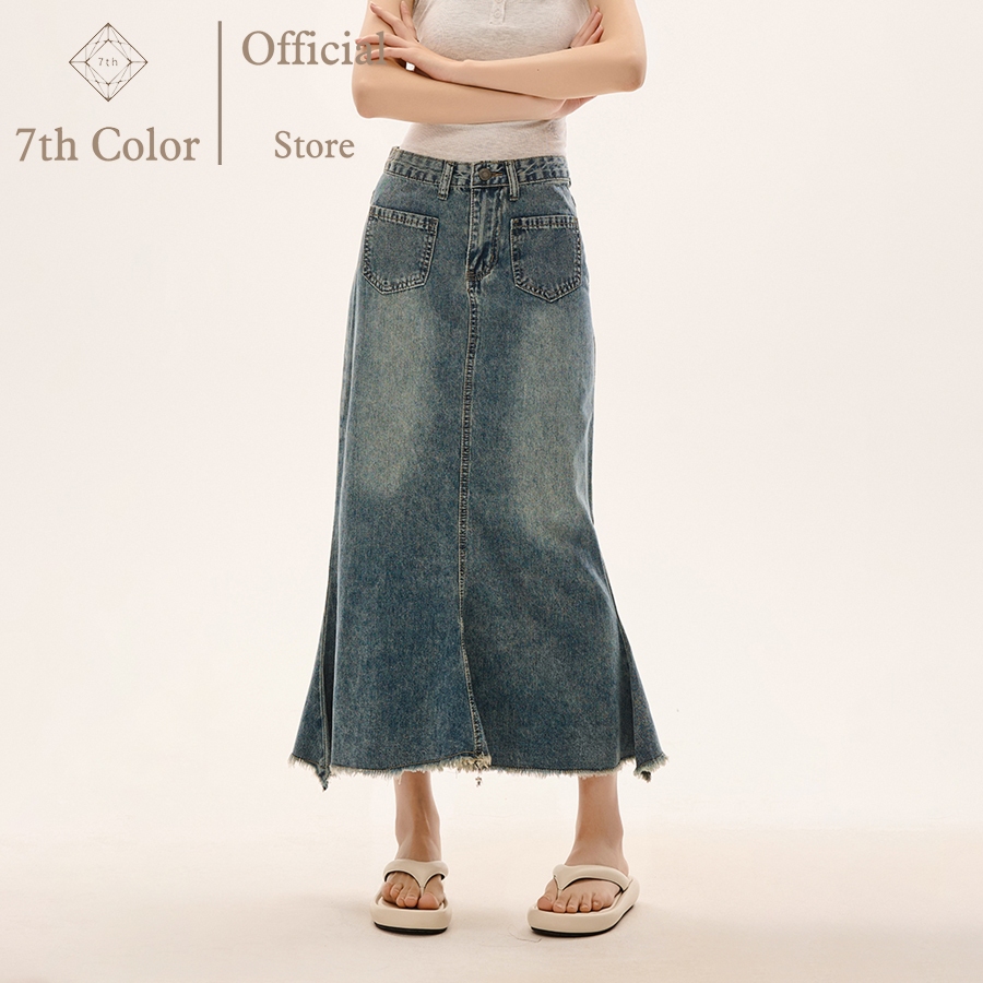 7th Color / Rok Vintage Rok Jeans Panjang Rok Midi Skirt Rok A Line Rok Pinggang Tinggi Rok Korean S