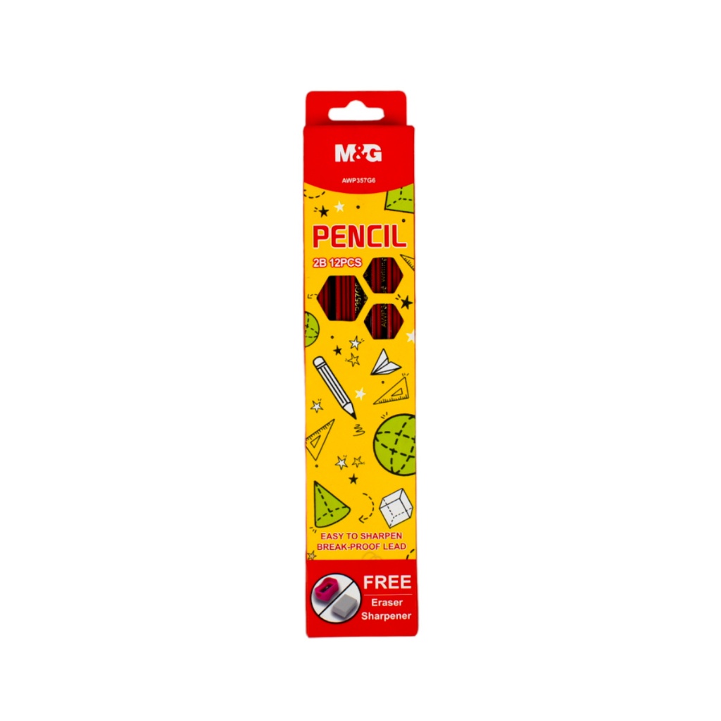 

Pensil 2B M&G Wood Pencil 1 Kotak =12pcs Dilengkapi dengan Penghapus dan Rautan / Tipe 2B #AWP357G6