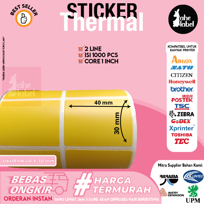 

LABEL STIKER THERMAL 40X30 MM LABEL BARCODE THERMAL 40X30 MM 2 LINE ISI 1000 PCS