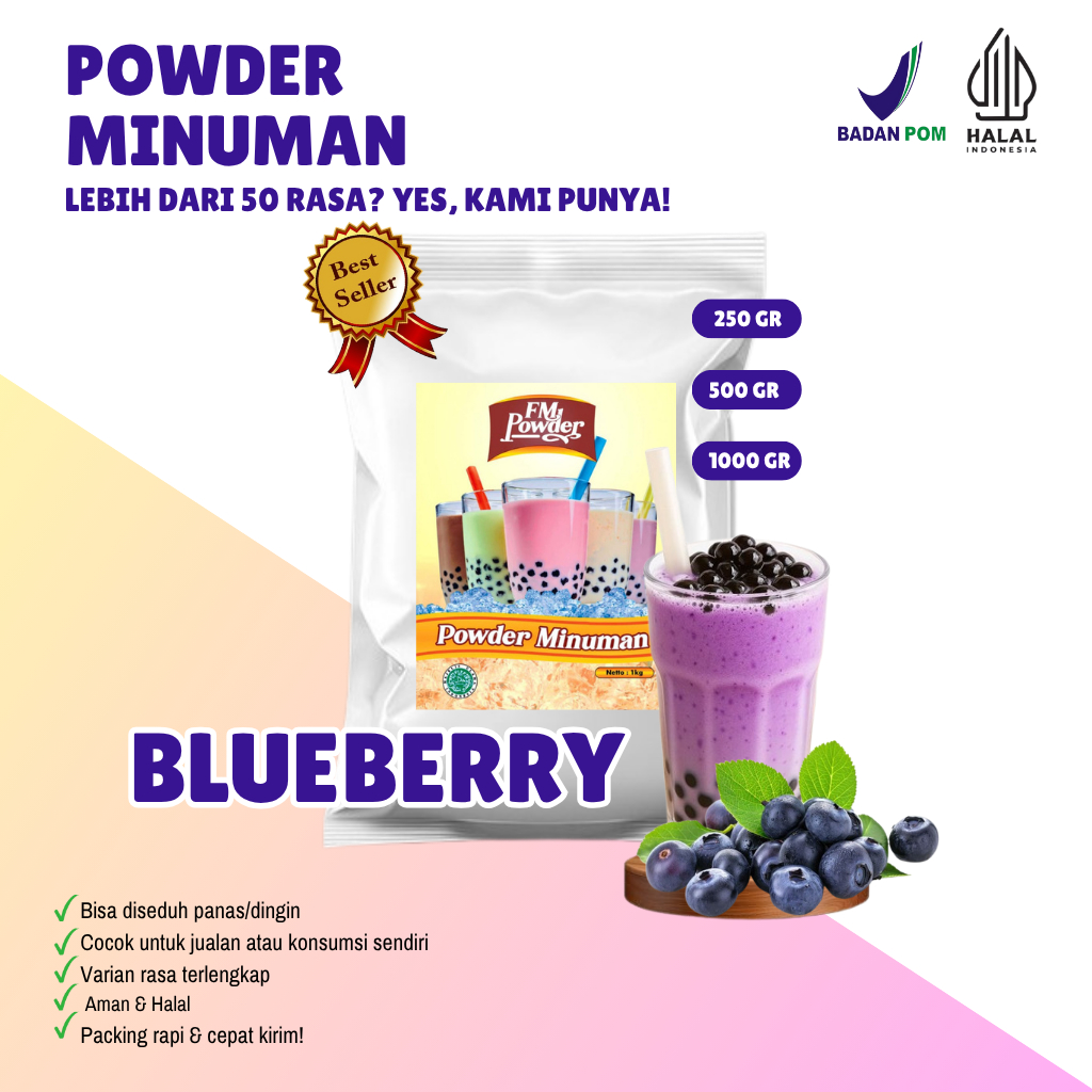 

BLUEBERRY FM Powder Drink - Bubuk Minuman Instan Varian Rasa Buah Kemasan 500gr dan 1000gr(BPOM&HALAL) Minuman Praktis, Harga Hemat, dan Rasa Fantastis