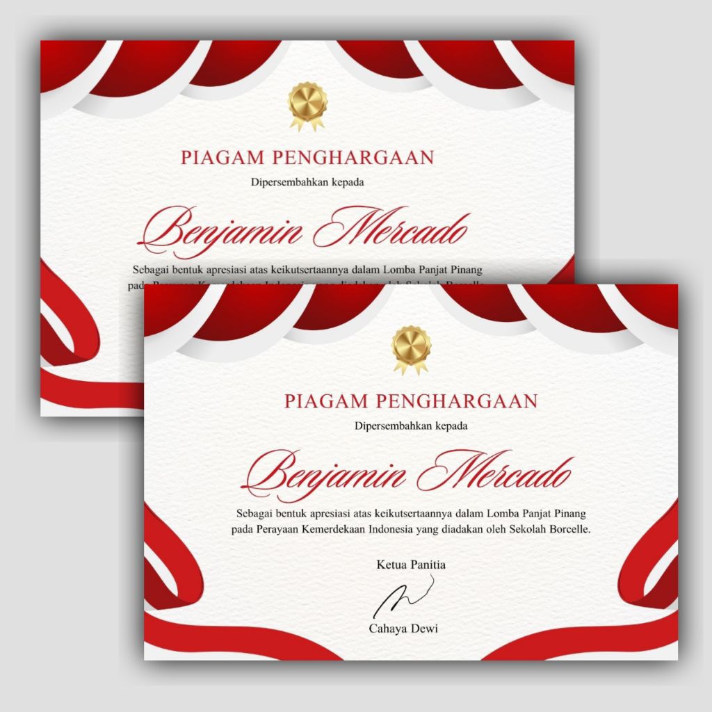 

COSTUM SERTIFIKAT PIAGAM PERLOMBAAN AGUSTUSAN MERAH PUTIH MURAH UKURAN A4