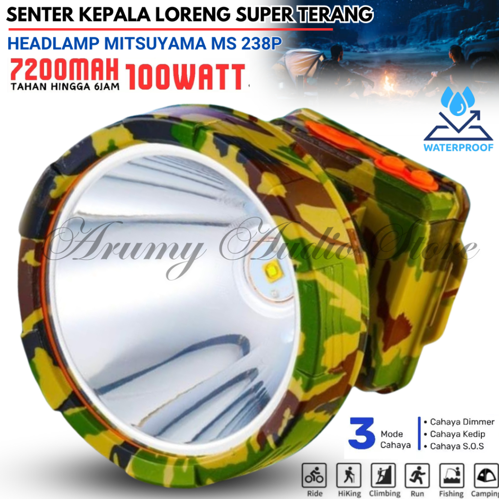 Senter Kepala LED Army Mitsuyama MS-238P 100 Watt Super Terang Tahan Lama Jarak Jauh Tahan Air | Mit