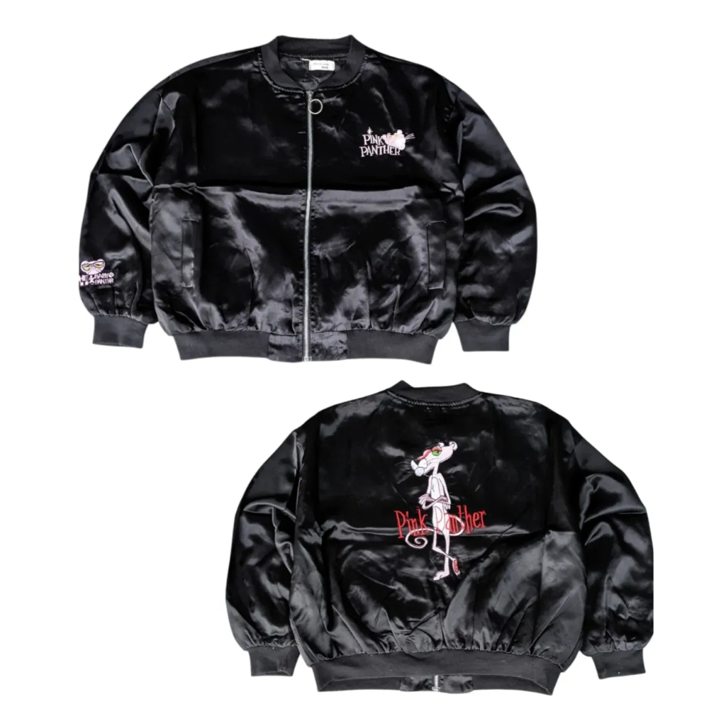 PINK PANTHER - Jaket Varsity Satin Unisex Pria Wanita Hitam Size L