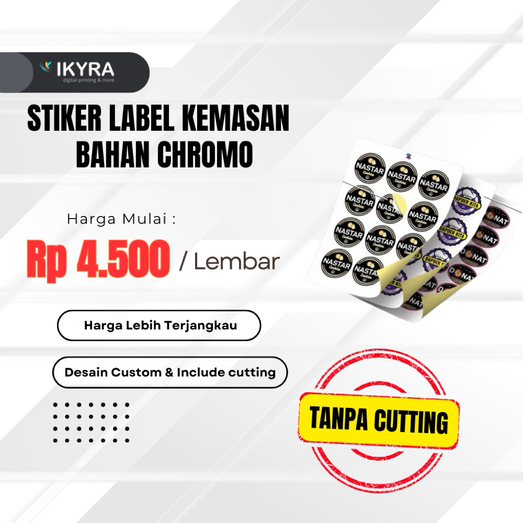 

Cetak Stiker Custom Chromo | Label Kemasan | Harga Murah | Bebas Desain ( TANPA CUTTING )