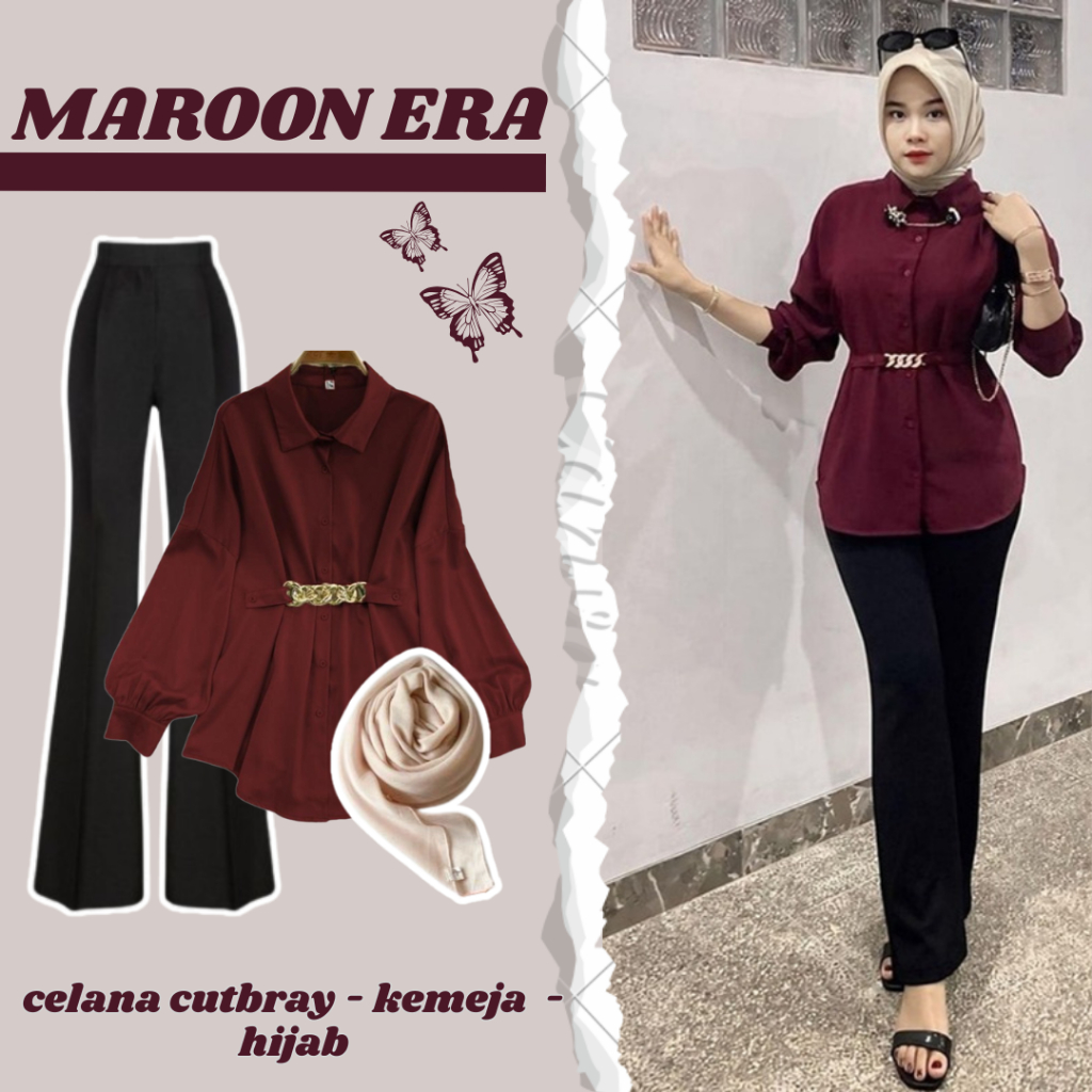 Maroon Set Outfit Hijab Wanita ( Celana Cutbray + Kemeja + Hijab ) One Set Hangout Vibe SGC183