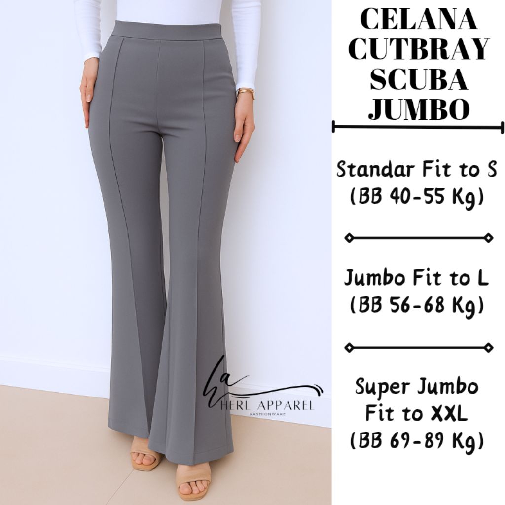 HERL Apparel - Celana Scuba Cutbray Jumbo Wanita – High Waist Stretch Nyaman, Slim Look Kekinian