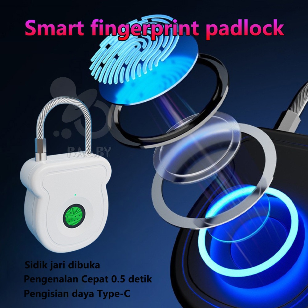 Kunci Gembok Sidik Jari Smart Fingerprint Padlock, Gembok Pintu Anti Maling, Gembok Pagar Tahan Air,