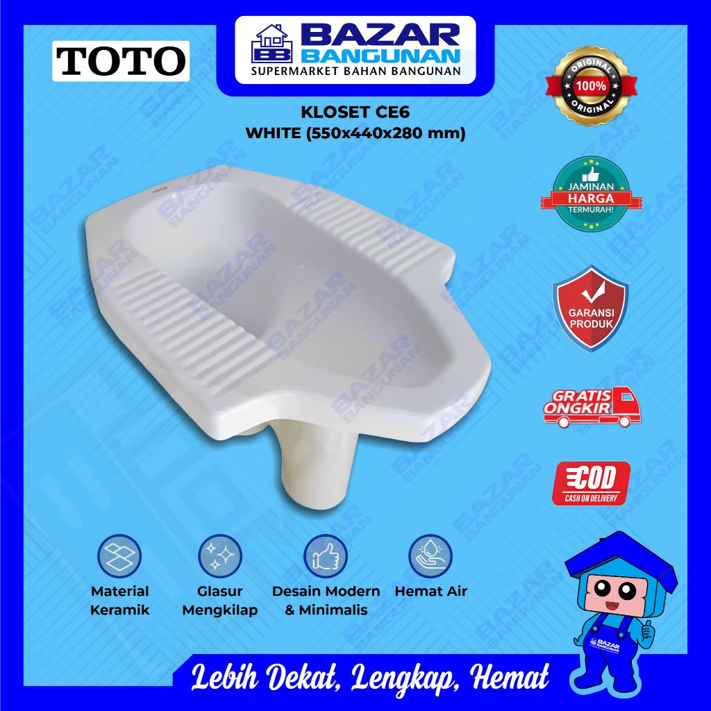Toto - Closet Kloset Toilet Jongkok Squat WC CE6 CE 6 White Putih Lantai 2 Atas Garansi Resmi Pabrik
