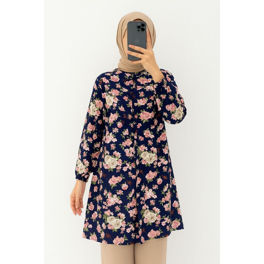 Long tunik muslimah /  Long tunik motif / tunik motif bunga / Atasan Tunik Crinkle Motif/Tunik Kerah