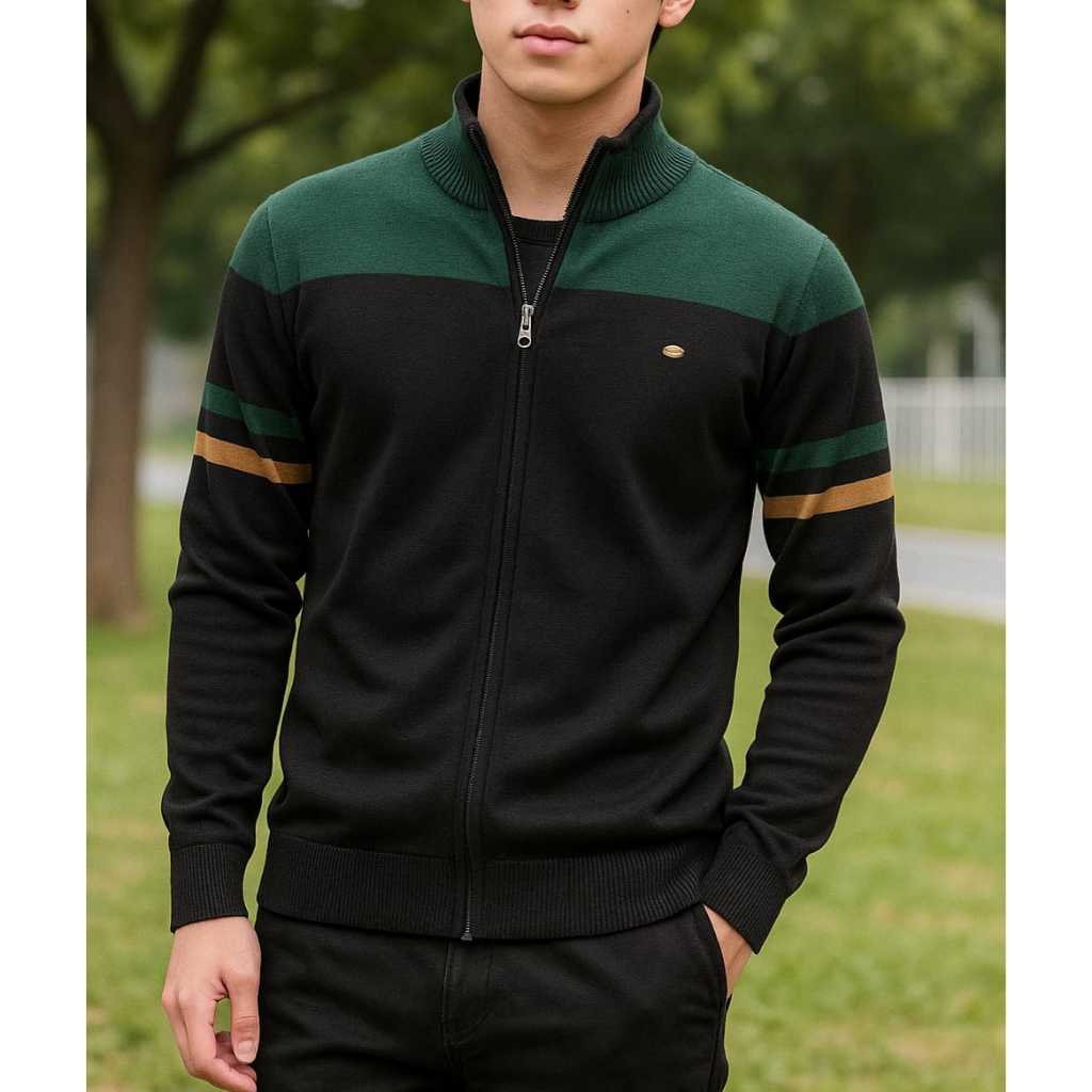 sweater rajut resleting strip lengan pria