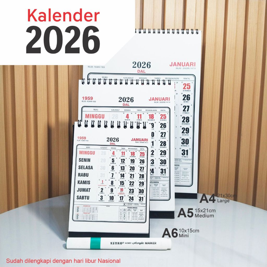 

Kalender 2026 MAS-68, Kalender meja dilenkapi dengan penanggalan Jawa,Hijriyah ,dan pranotomongso