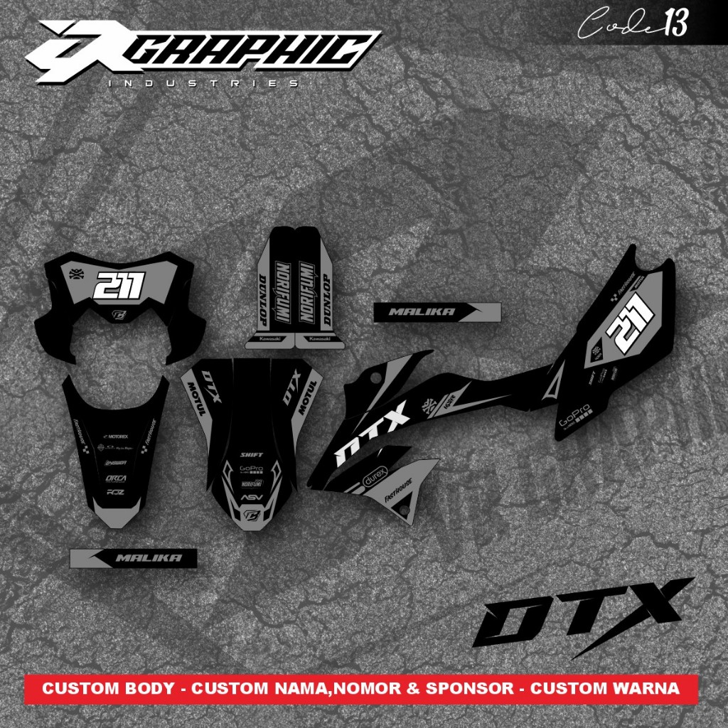 DECAL KLX BF DTRACKER HITAM KOMBINASI HOLOGRAM CUSTOM NAMA DAN NOMOR