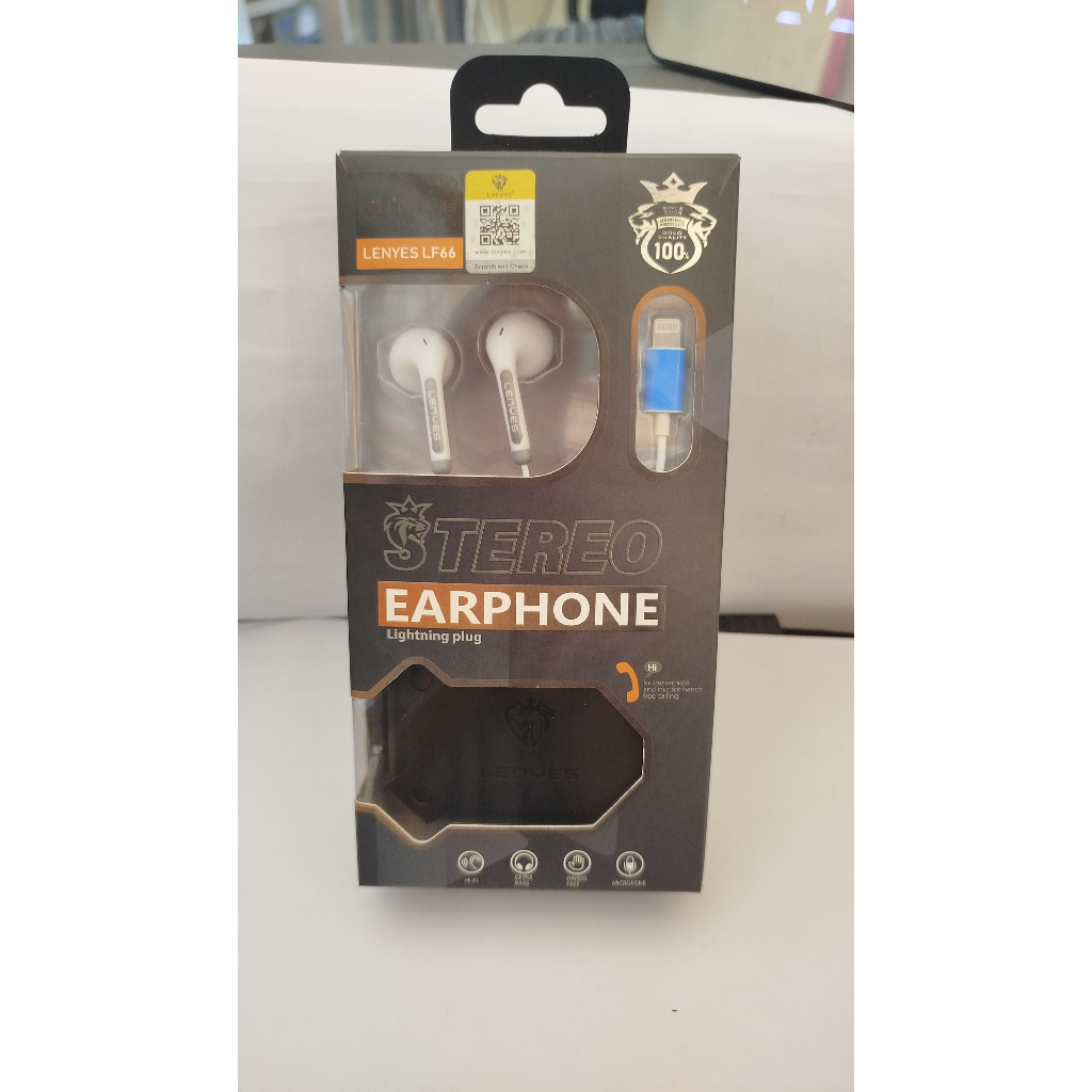 LENYES HF HEADSET EARPHONE STEREO LF 66 EXTRA BASS COLOKAN LIGHTNING
