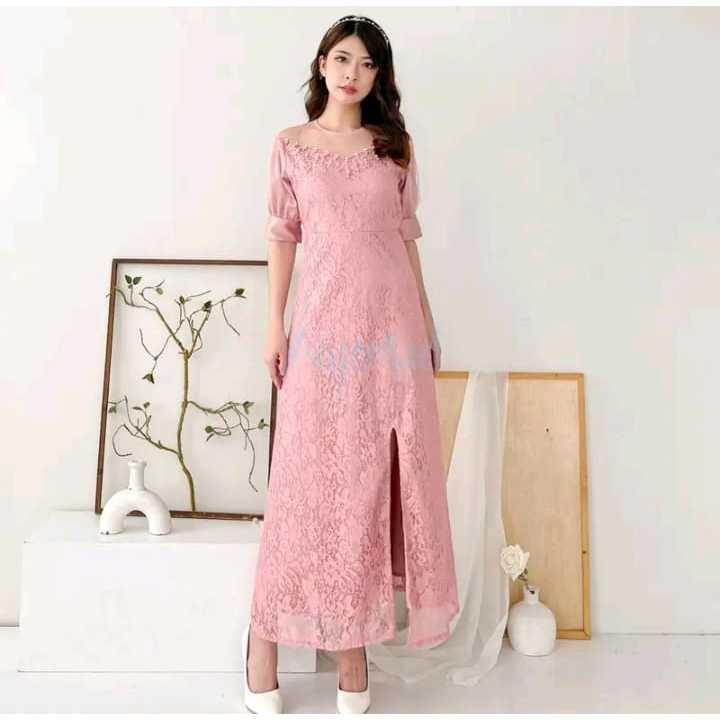 Dress wanita panjang polos casual pesta kondangan model terbaru remaja kekinian bahan brukat Monie d