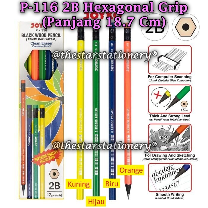 

(1 Pak/12) GROSIR Pensil JOYKO P-116 2B / Pensil Pencil Joyko P-116 2B Hexagonal Grip (Pak/12)