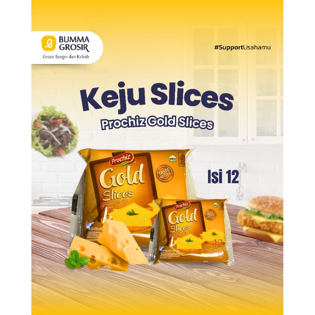 

Prochiz Keju Gold Slice- cheddar slice - keju burger slice - keju burger lembaran-12pcs