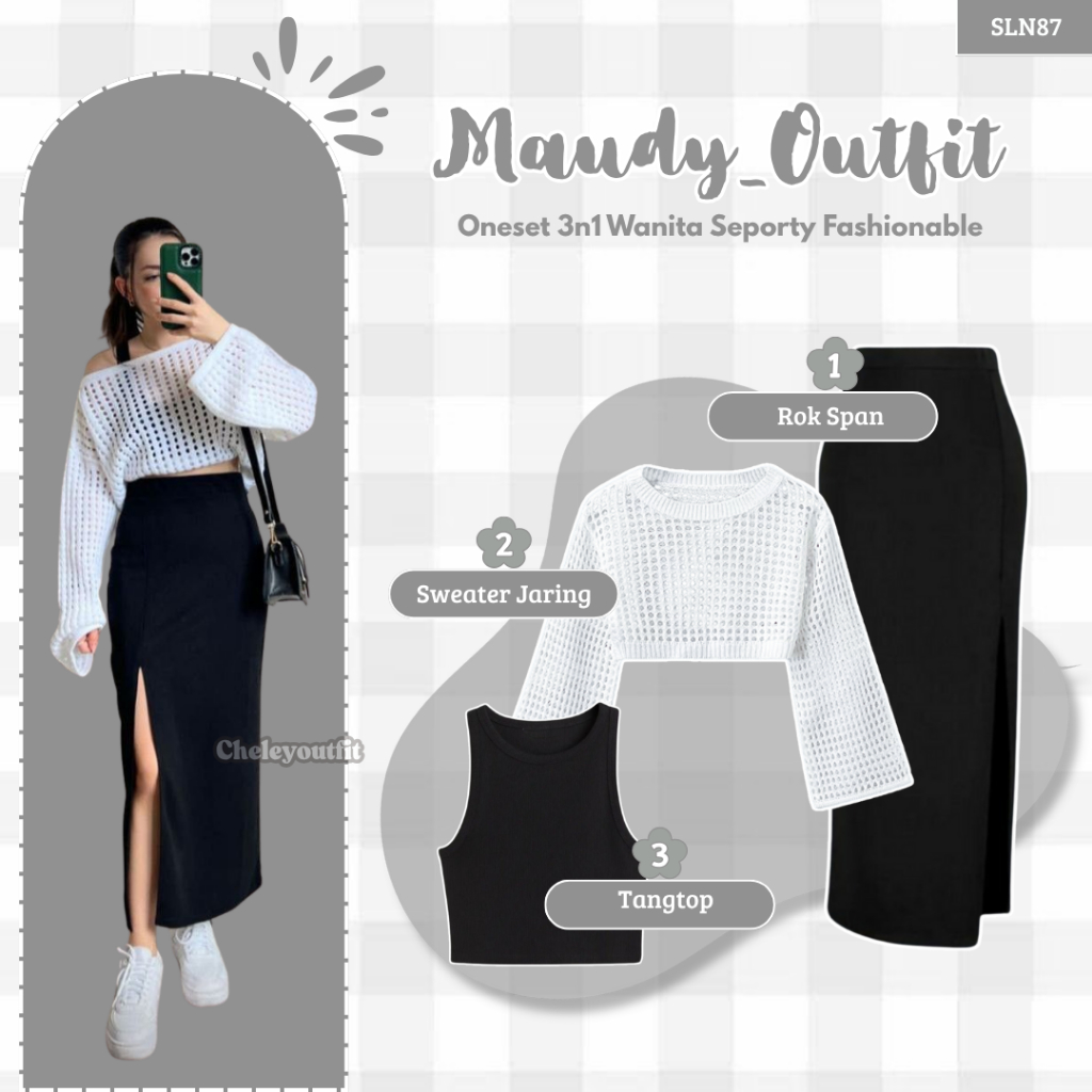 Setelan Wanita Kekinian ( Sweater Jaring + Rok Span + Tangtop ) Outfit Korean Style SLN87